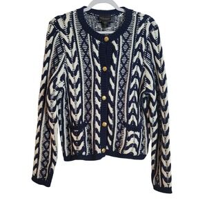 Martha Stewart Cable Knit Button Cardigan Sweater White Navy Preppy Women XL NEW